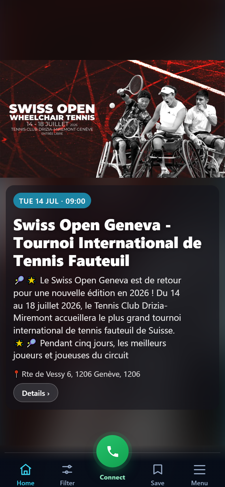 A card in the live feed: a real event with its photo, date and details