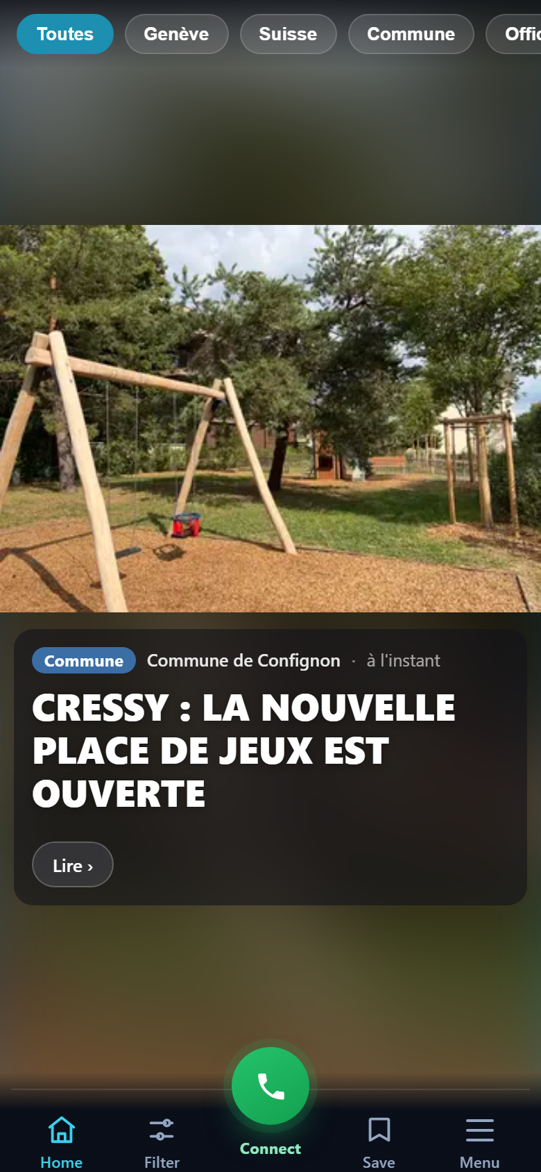 A vertical feed card showing a real news item with a photo and category chips